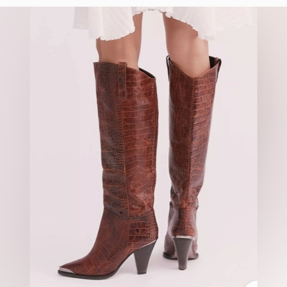 Free People Tall Brown Crocodile Embossed Boots - Picture 2 of 14